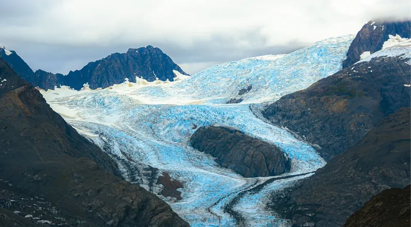 Crevassed blue glacier ice photographed from the air above Kenai Fjords National Park, Alaska